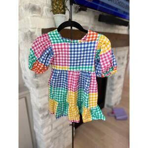 Briton Court Girls Colorblock Gingham Print Short Puff Sleeve Dress Size 3Y